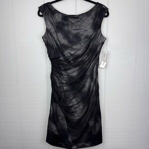 NWT Maggy London Silver Metallic Black Sheer Overlay Dress Ruched Side Boat Neck
